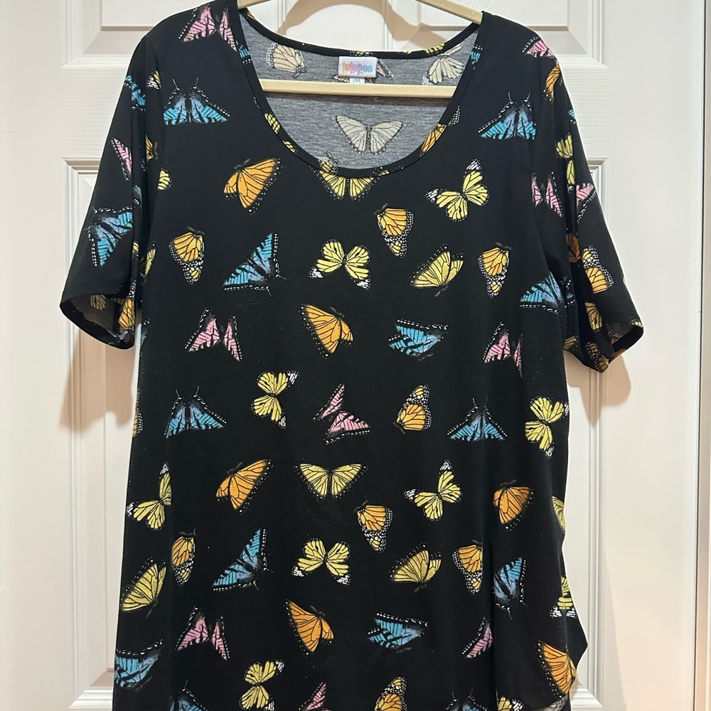 LuLaRoe Black Top with Colorful Butterfly Print